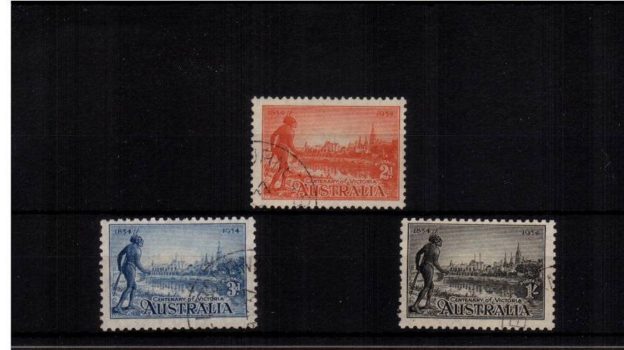 Centenary of Victoria<br/>
A lovely bright and fresh well centered set of three each with a CTO fine used cancel. Note this set is mixed perforations.  Pretty!
<br/><b>UFU</b>