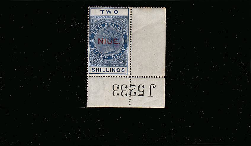 2/- Deep Blue Postal Fiscal stamp<br/>
A stunning bright and fresh SE corner marginal single with sheet number.<br/>The stamp is superb unmounted mint with hinge mark on margin. 


<br/><b>UFU</b>