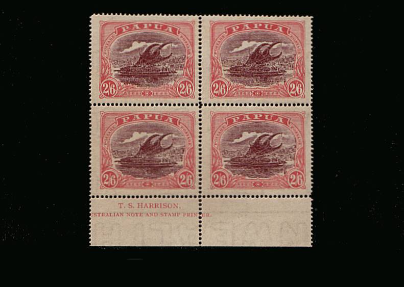 2/6d Maroon and Bright Pink ''Lakatoi''<br/>
In a superb unmounted mint lower marginal plock of four showing printers inscription for T.S.HARRISON
<br/><b>UFU</b>