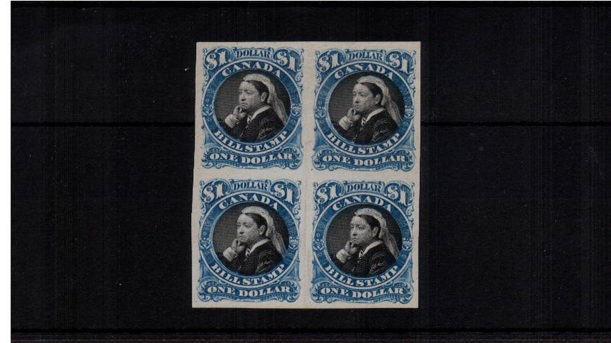 $1 Blue and Black IMPERFORATE block of four with no gum as issued. A choice and very fresh block.
<br/><b>UFU</b>