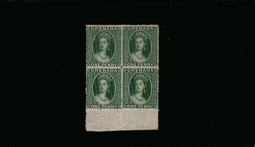 1d Green - No Watermark<br/>
A lovely bright and fresh well centered lower marginal block of four. Lightly mounted on the top two stamps and unmounted on the lower stamps. A gem block!

<br/><b>UHU</b>