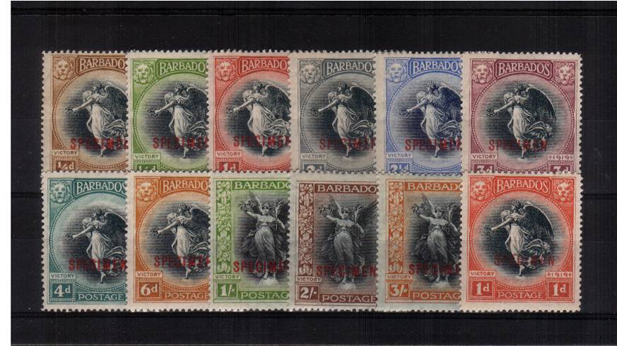 The Victory complete set of twelve that includes both watermark types of the 1d stamp all very, very lightly mounted mint and overprinted ''SPECIMEN'' Superb!
<br/><b>UHU</b>