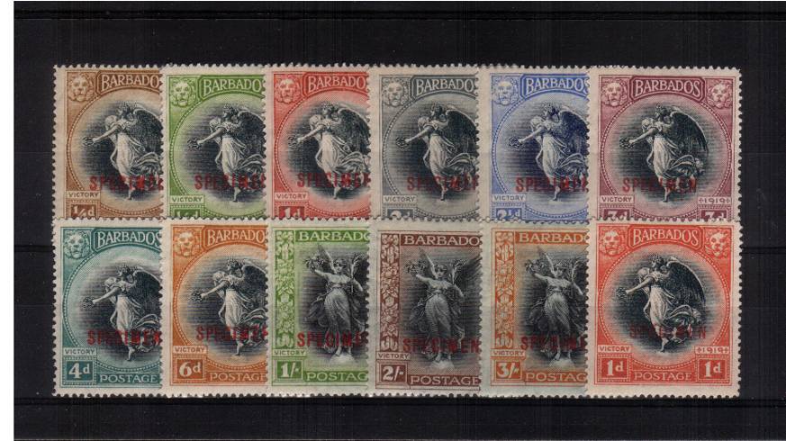 The Victory complete set of twelve that includes both watermark types of the 1d stamp all very, very lightly mounted mint and overprinted ''SPECIMEN'' Superb!
<br/><b>UHU</b>