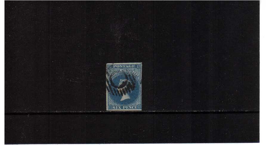 SOUTH AUSTRALIA - 6d Slate-Blue superb fine used with four margins, just clear of SE corner. SG Cat 175