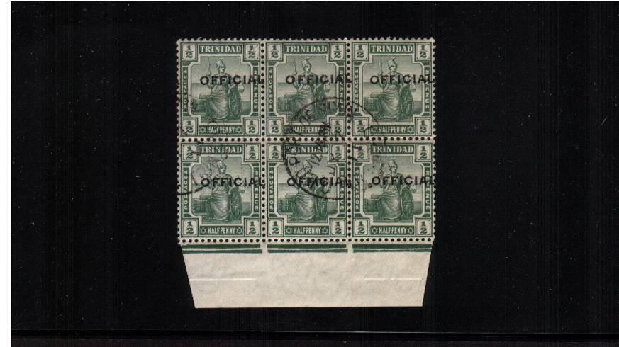The ½d Green ''Britannia'' overprinted ''OFFICIAL'' in a superb fine used lower marginal block of six. Pretty! SG Cat for singles £102