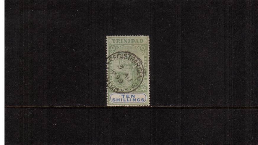 10/- ''Britannia'' Green and Ultramarine<br/>
A sup[erb fine used single cancelled ''REGISTRAR GENERAL'' dated 3 AU 1899.<br/>SG Cat 475