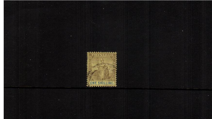 1/- Purple and Blue on Golden Yellow - Watermark Multiple Crown CA<br/>A superb fine used single. SG Cat 29