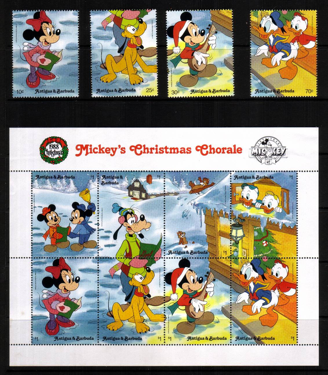 Disney - ''Mickey's Christmas Chorale'' sheetlet of eight plus four singles superb unmounted mint.