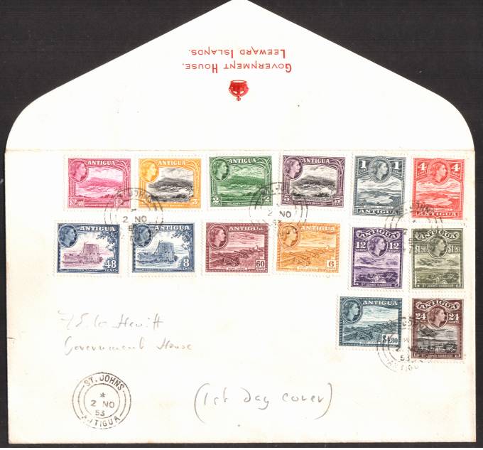 The 1953 complete set of fourteen on an embossed in Red ''GOVERNMENT HOUSE - LEEWARD ISLANDS'' envelope cancelled with a St Johns - Antigua double ring CDS dated 2 NO 53. Note the 絚 Brown was issued later in 1956.