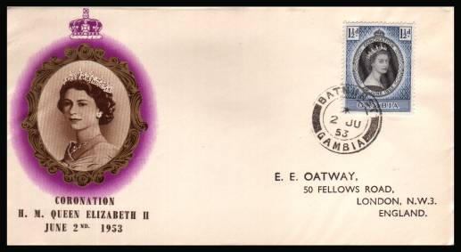 The 1953 Coronation single<br/>on colour illustrated First Day Cover.<br/>Note cover is printed on cream paper which due<br/>to scanning limitations can appear to be toned!