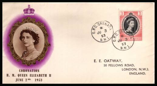 The 1953 Coronation single<br/>on colour illustrated First Day Cover.<br/>Note cover is printed on cream paper which due<br/>to scanning limitations can appear to be toned!