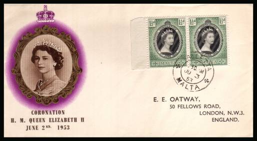 The 1953 Coronation single as a marginal pair<br/>on colour illustrated First Day Cover.<br/>Note cover is printed on cream paper which due<br/>to scanning limitations can appear to be toned!