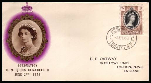 The 1953 Coronation single<br/>on colour illustrated First Day Cover.<br/>Note cover is printed on cream paper which due<br/>to scanning limitations can appear to be  toned!