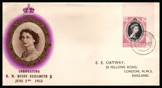 The 1953 Coronation NE Corner marginal single<br/>on colour illustrated First Day Cover.<br/>Note cover is printed on cream paper which due<br/>to scanning limitations can appear to be toned!