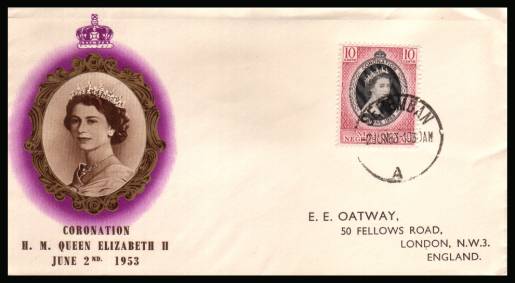 The 1953 Coronation single<br/>on colour illustrated First Day Cover.<br/>Note cover is printed on cream paper which due<br/>to scanning limitations can appear to be toned!