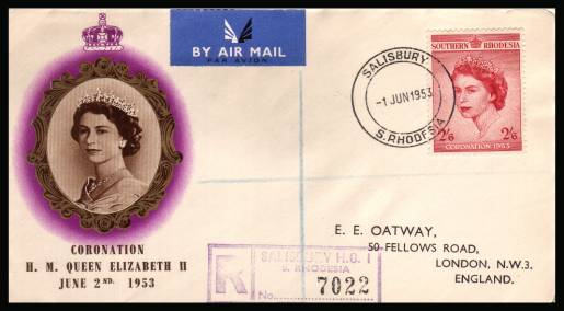 The 1953 Coronation single<br/>on colour illustrated First Day Cover.<br/>Note cover is printed on cream paper which due<br/>to scanning limitations can appear to be toned!