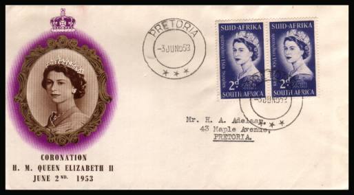 The 1953 Coronation single as a pair<br/>on colour illustrated First Day Cover.<br/>Note cover is printed on cream paper which due<br/>to scanning limitations can appear to be toned!