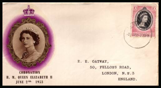 The 1953 Coronation single<br/>on colour illustrated First Day Cover.<br/>Note cover is printed on cream paper which due<br/>to scanning limitations can appear to be  toned!