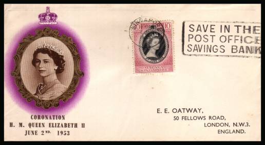 The 1953 Coronation single<br/>on colour illustrated First Day Cover.<br/>Note cover is printed on cream paper which due<br/>to scanning limitations can appear to be toned!