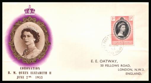 The 1953 Coronation single<br/>on colour illustrated First Day Cover.<br/>Note cover is printed on cream paper which due<br/>to scanning limitations can appear to be  toned!