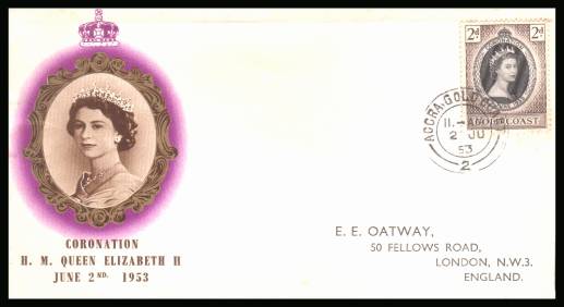 The 1953 Coronation single<br/>on colour illustrated First Day Cover.<br/>Note cover is printed on cream paper which due<br/>to scanning limitations can appear to be  toned!