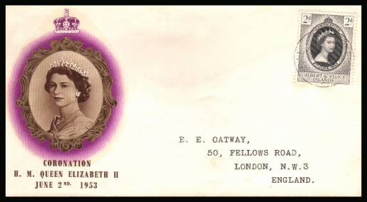 The 1953 Coronation single<br/>on colour illustrated First Day Cover.<br/>Note cover is printed on cream paper which due<br/>to scanning limitations can appear to be  toned!