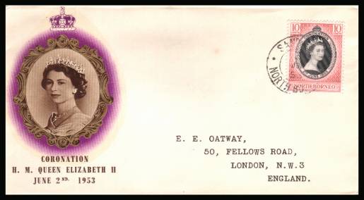 The 1953 Coronation single<br/>on colour illustrated First Day Cover.<br/>Note cover is printed on cream paper which due<br/>to scanning limitations can appear to be  toned!