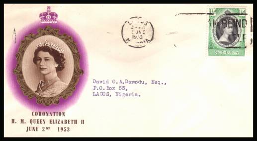 The 1953 Coronation single<br/>on colour illustrated First Day Cover.<br/>Note cover is printed on cream paper which due<br/>to scanning limitations can appear to be  toned!