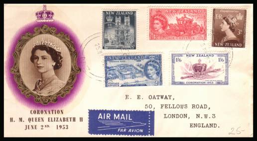 The 1953 Coronation set of five<br/>on colour illustrated First Day Cover.<br/>Note cover is printed on cream paper which due<br/>to scanning limitations can appear to be  toned!