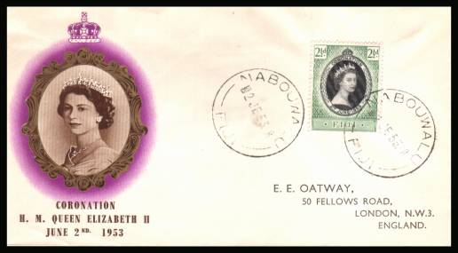 The 1953 Coronation single<br/>on colour illustrated First Day Cover.<br/>Note cover is printed on cream paper which due<br/>to scanning limitations can appear to be  toned!