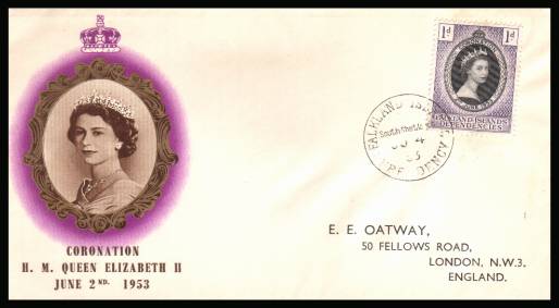 The 1953 Coronation single<br/>on colour illustrated First Day Cover.<br/>Note cover is printed on cream paper which due<br/>to scanning limitations can appear to be  toned!