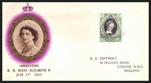 The 1953 Coronation single<br/>on colour illustrated First Day Cover.<br/>Note cover is printed on cream paper which due<br/>to scanning limitations can appear to be  toned!