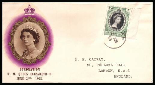 The 1953 Coronation single<br/>on colour illustrated First Day Cover.<br/>Note cover is printed on cream paper which due<br/>to scanning limitations can appear to be  toned!
