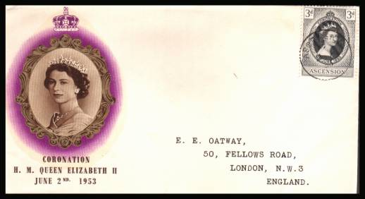 The 1953 Coronation single<br/>on colour illustrated First Day Cover.<br/>Note cover is printed on cream paper which due<br/>to scanning limitations can appear to be  toned!