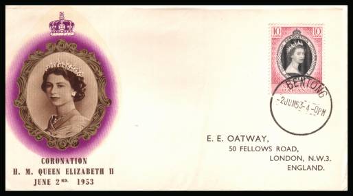 The 1953 Coronation single<br/>on colour illustrated First Day Cover.<br/>Note cover is printed on cream paper which due<br/>to scanning limitations can appear to be  toned!