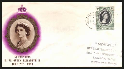 The 1953 Coronation single<br/>on colour illustrated First Day Cover.<br/>Note cover is printed on cream paper which due<br/>to scanning limitations can appear to be  toned!