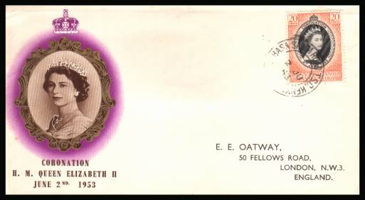 The 1953 Coronation single<br/>on colour illustrated First Day Cover.<br/>Note cover is printed on cream paper which due<br/>to scanning limitations can appear to be  toned!