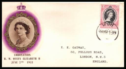 The 1953 Coronation single<br/>on colour illustrated First Day Cover.<br/>Note cover is printed on cream paper which due<br/>to scanning limitations can appear to be  toned!