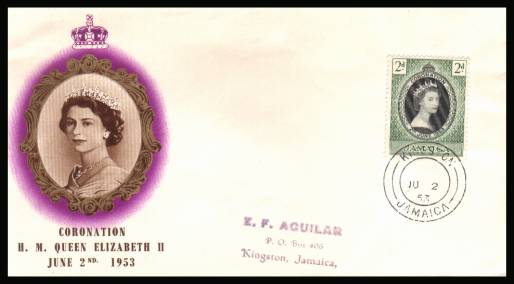 The 1953 Coronation single<br/>on colour illustrated First Day Cover.<br/>Note cover is printed on cream paper which due<br/>to scanning limitations can appear to be  toned!