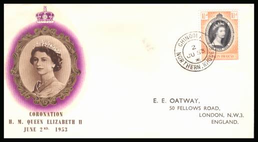 The 1953 Coronation single<br/>on colour illustrated First Day Cover.<br/>Note cover is printed on cream paper which due<br/>to scanning limitations can appear to be  toned!