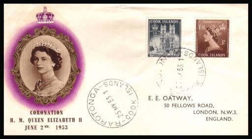 The 1953 Coronation set of two<br/>on colour illustrated First Day Cover.<br/>Note cover is printed on cream paper which due<br/>to scanning limitations can appear to be  toned!