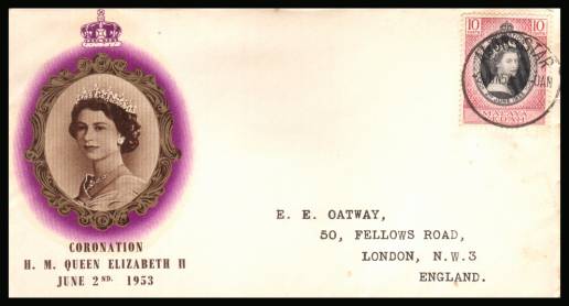 The 1953 Coronation single<br/>on colour illustrated First Day Cover.<br/>Note cover is printed on cream paper which due<br/>to scanning limitations can appear to be  toned!