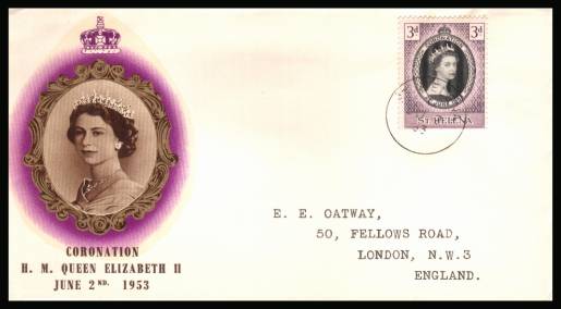 The 1953 Coronation single<br/>on colour illustrated First Day Cover.<br/>Note cover is printed on cream paper which due<br/>to scanning limitations can appear to be  toned!