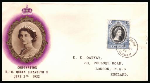 The 1953 Coronation single<br/>on colour illustrated First Day Cover.<br/>Note cover is printed on cream paper which due<br/>to scanning limitations can appear to be  toned!