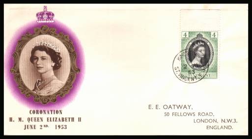 The 1953 Coronation single<br/>on colour illustrated First Day Cover.<br/>Note cover is printed on cream paper which due<br/>to scanning limitations can appear to be  toned!