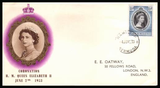 The 1953 Coronation single<br/>on colour illustrated First Day Cover.<br/>Note cover is printed on cream paper which due<br/>to scanning limitations can appear to be  toned!