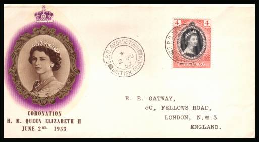 The 1953 Coronation single<br/>on colour illustrated First Day Cover.<br/>Note cover is printed on cream paper which due<br/>to scanning limitations can appear to be  toned!