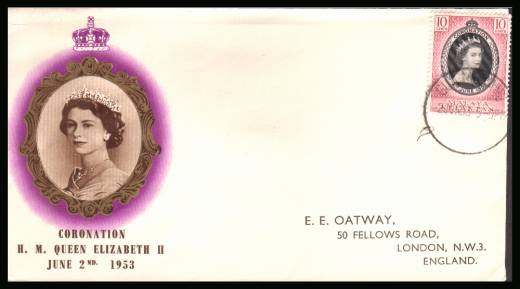 The 1953 Coronation single<br/>on colour illustrated First Day Cover.<br/>Note cover is printed on cream paper which due<br/>to scanning limitations can appear to be  toned!