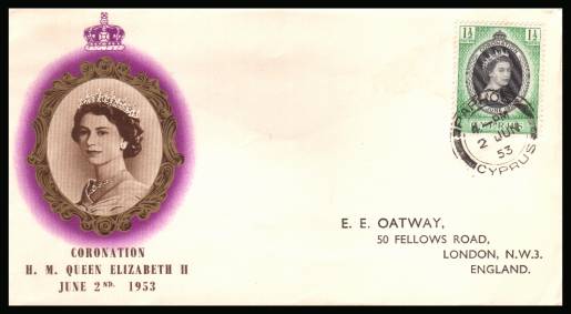 The 1953 Coronation single<br/>on colour illustrated First Day Cover.<br/>Note cover is printed on cream paper which due<br/>to scanning limitations can appear to be  toned!