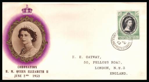 The 1953 Coronation single<br/>on colour illustrated First Day Cover.<br/>Note cover is printed on cream paper which due<br/>to scanning limitations can appear to be  toned!